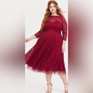 Torrid Wine/Burgundy 3/4 Sleeve Lace & Tulle Dress NWT